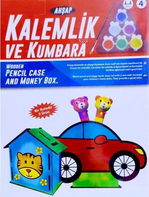 VIP KALİTE MAKET AHŞAP KALEMLİK AHŞAP KUMBARA SETİ 6 AKRİLİK BOYA SETİ AHŞAP ARABALI KALEMLİK