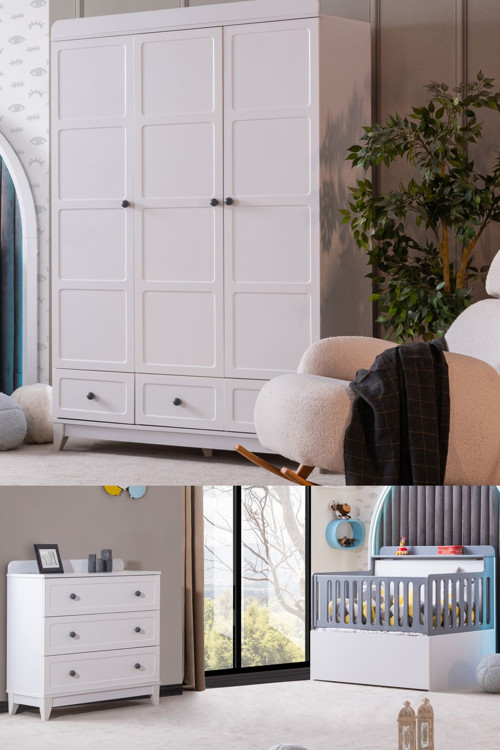 Berlin Gri Çocuk Odası, Gri Berlin 3 Kapaklı Dolap Şifonyer Alvin Sandıklı Büyüyen Beşik