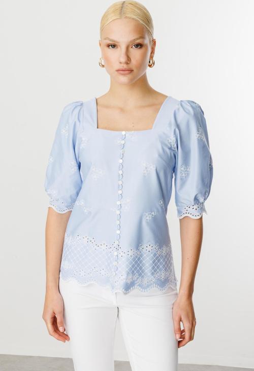 Kadın Çiçek İşlemeli Yarım Kol Bluz 3030 Blue