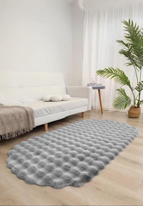 Bubble Oval Yumuşak Peluş Kaymaz Salon Oturma Odası Balkon Halısı Yolluk Gri