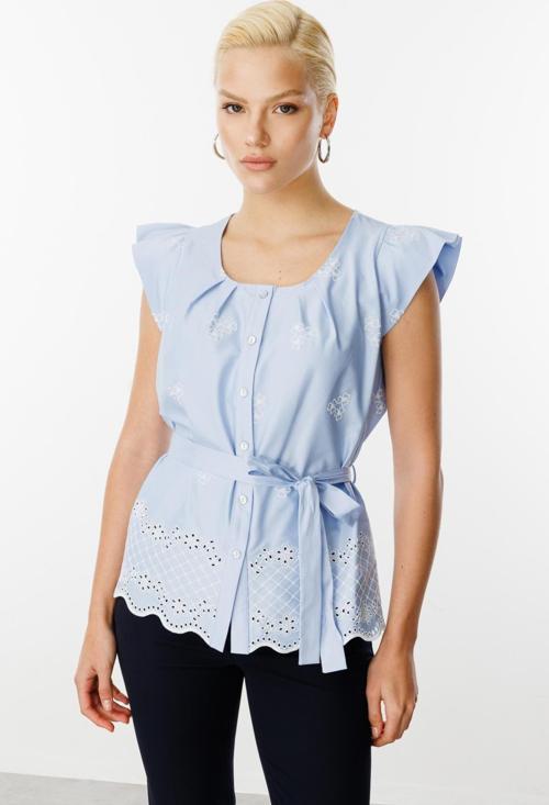 Kadın Beli Kuşaklı Çiçek İşlemeli Bluz 3028 Blue