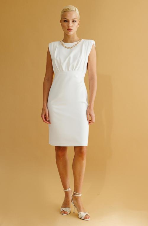 Kadın Yakası Zincir Aksesuarlı Midi Boy Elbise 5068 Ekru