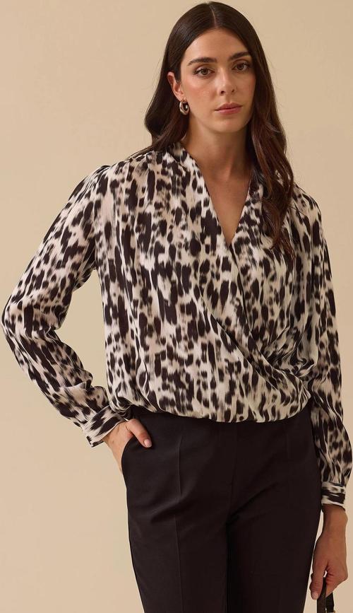 Kadın Kruvaze Yaka Leopar Desenli Bluz 0003 Siyah