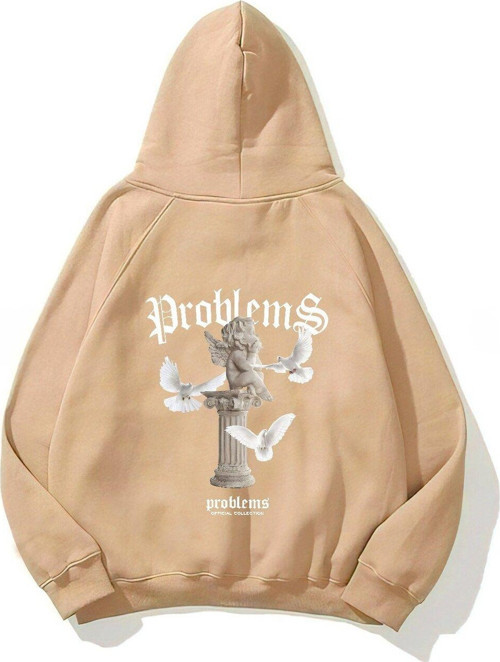Kapüşonlu Içi Polar Problems Yazılı Heykel Baskılı Bej Unisex Hoodie Sweatshirt