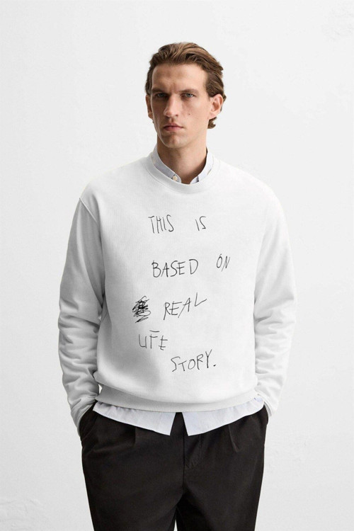 Bisiklet Yaka Içi Polar Life Story Yazı Baskılı Beyaz Oversize Sweatshirt