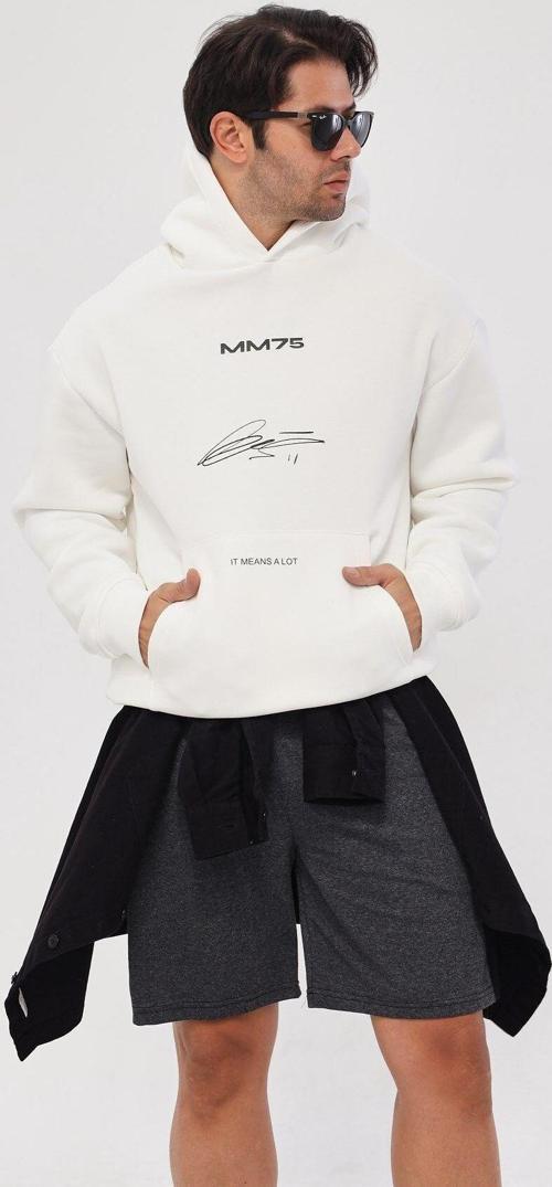 Kapüşonlu Içi Polar Mm75 Baskılı Beyaz Oversize Hoodie Sweatshirt