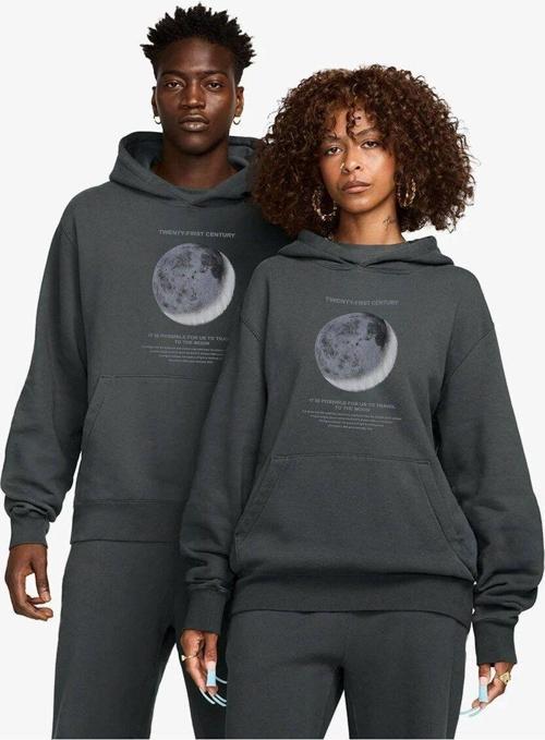 Kapüşonlu Içi Polar Moon Baskılı Füme Unisex Hoodie Sweatshirt