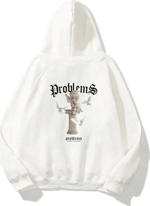 Kapüşonlu Içi Polar Problems Yazılı Heykel Baskılı Beyaz Unisex Hoodie Sweatshirt