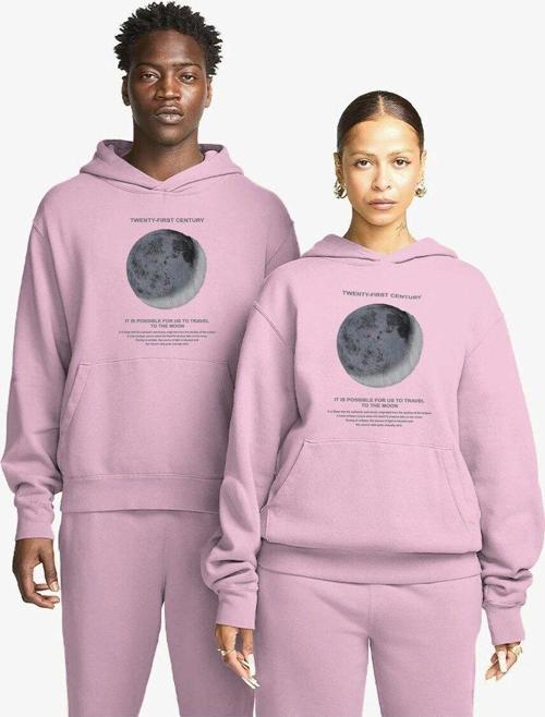 Kapüşonlu Içi Polar Moon Baskılı Pembe Unisex Hoodie Sweatshirt