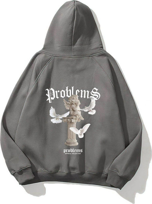 Kapüşonlu Içi Polar Problems Yazılı Heykel Baskılı Füme Unisex Hoodie Sweatshirt
