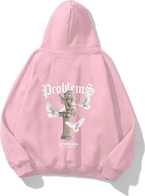 Kapüşonlu Içi Polar Problems Yazılı Heykel Baskılı Pembe Unisex Hoodie Sweatshirt