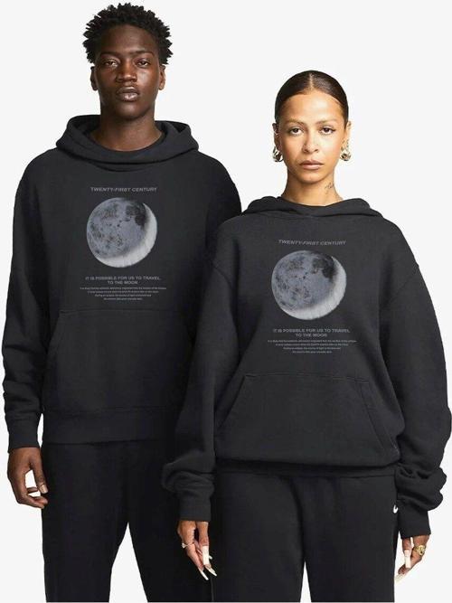 Kapüşonlu Içi Polar Moon Baskılı Siyah Unisex Hoodie Sweatshirt