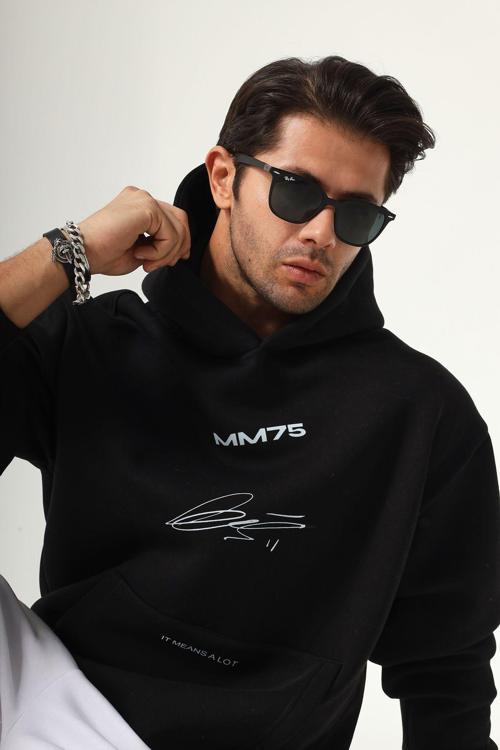 Kapüşonlu Içi Polar Mm75 Baskılı Siyah Oversize Hoodie Sweatshirt