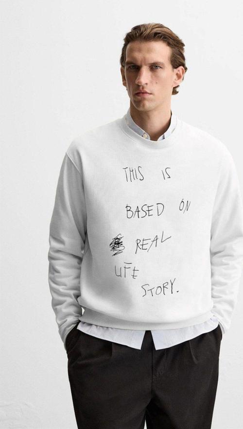 Bisiklet Yaka Içi Polar Life Story Yazı Baskılı Beyaz Oversize Sweatshirt