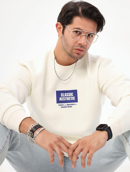 Bisiklet Yaka İçi Polar Classic Atlethic Yazı Baskılı Beyaz Oversize Sweatshirt