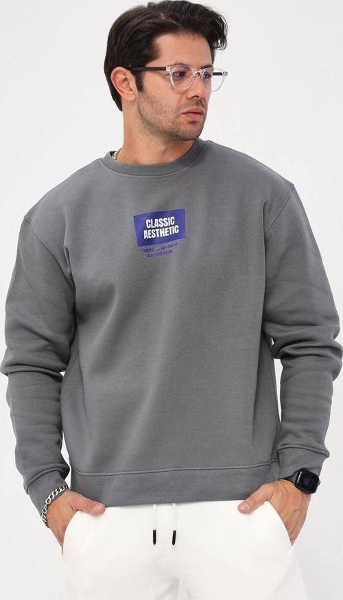 Bisiklet Yaka İçi Polar Classic Atlethic Yazı Baskılı Füme Oversize Hoodie Sweatshirt