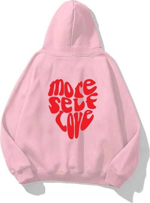 Kapüşonlu Içi Polar More Self Love Baskılı Pembe Unisex Sweatshirt