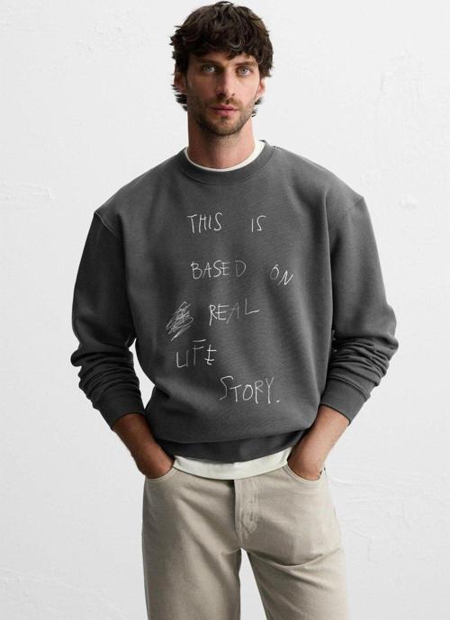 Bisiklet Yaka Içi Polar Life Story Yazı Baskılı Füme Oversize Sweatshirt