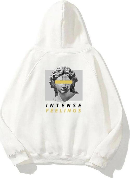 Kapüşonlu Içi Polar Intense Feelings Yazılı Heykel Baskılı Beyaz Hoodie Unisex Sweatshirt