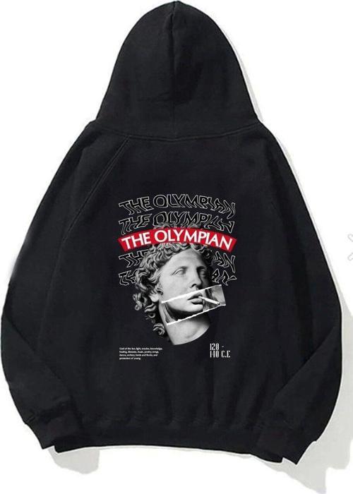 Kapüşonlu Içi Polar The Olympian Baskılı Siyah Unisex Hoodie Sweatshirt