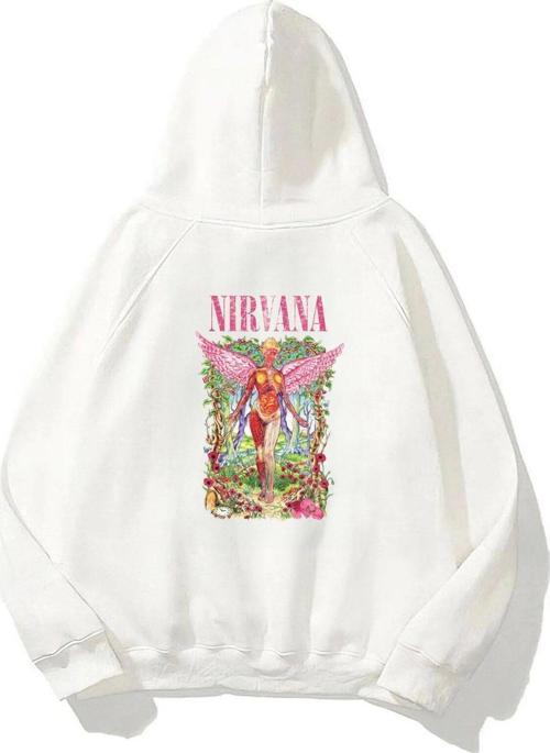 Kapüşonlu Içi Polar Pembe Nirvana Baskılı Beyaz Unisex Hoodie Sweatshirt