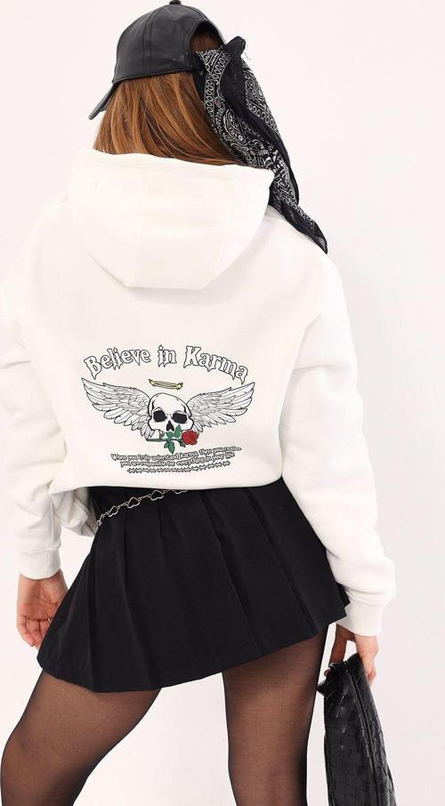 Kapüşonlu İçi Polar Believe İn Karma Baskılı Beyaz Unisex Hoodie Sweatshirt