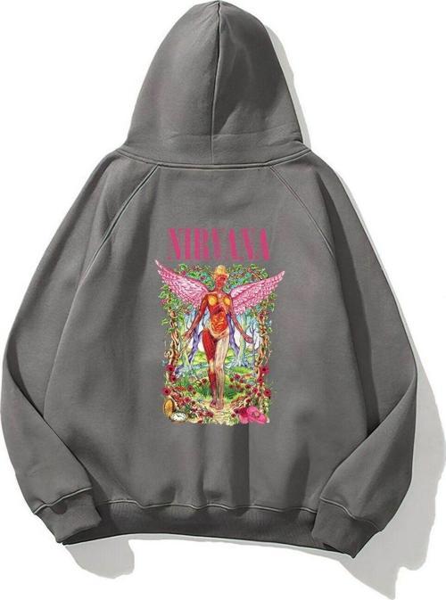 Kapüşonlu Içi Polar Pembe Nirvana Baskılı Füme Unisex Hoodie Sweatshirt