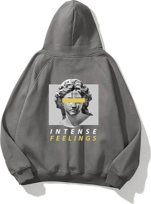 Kapüşonlu Içi Polar Intense Feelings Yazılı Heykel Baskılı Füme Unisex Hoodie Sweatshirt