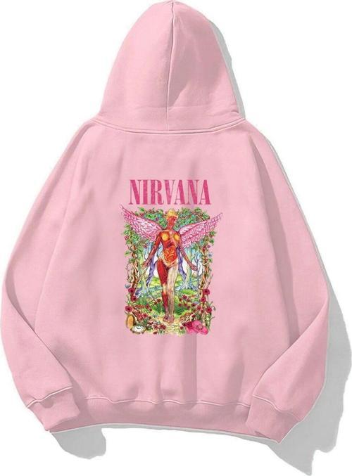 Kapüşonlu Içi Polar Pembe Nirvana Baskılı Pembe Unisex Hoodie Sweatshirt