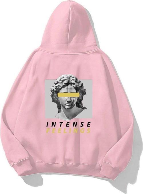 Kapüşonlu Içi Polar Intense Feelings Yazılı Heykel Baskılı Pembe Unisex Hoodie Sweatshirt