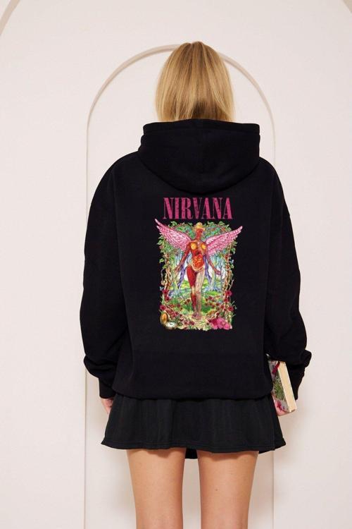 Kapüşonlu Içi Polar Pembe Nirvana Baskılı Siyah Unisex Hoodie Sweatshirt