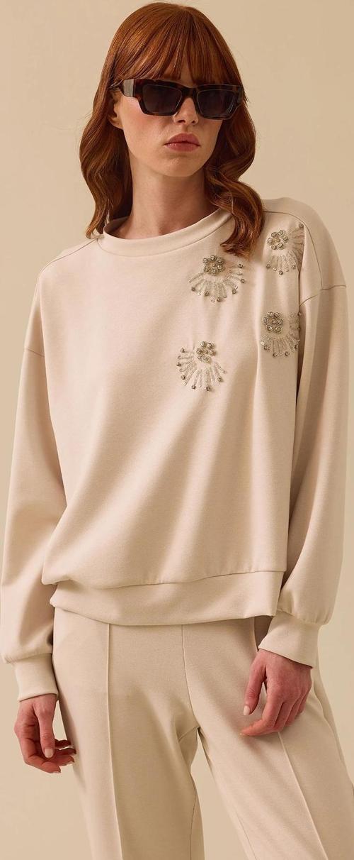 Kadın Yuvarlak Yaka Taş İşlemeli Sweatshirt 0001 Bej