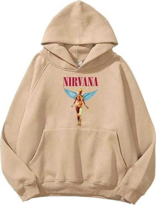 Kapüşonlu Içi Polar Nirvana Angel Baskılı Bej Unisex Hoodie Sweatshirt