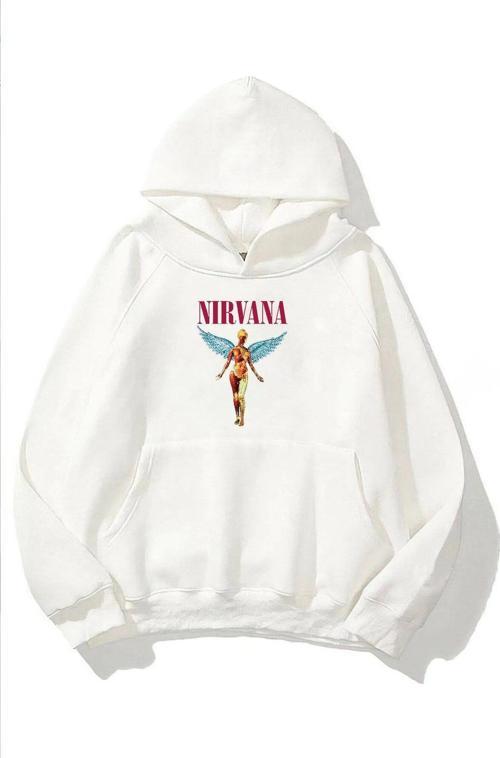 Kapüşonlu Içi Polar Nirvana Angel Baskılı Beyaz Unisex Hoodie Sweatshirt