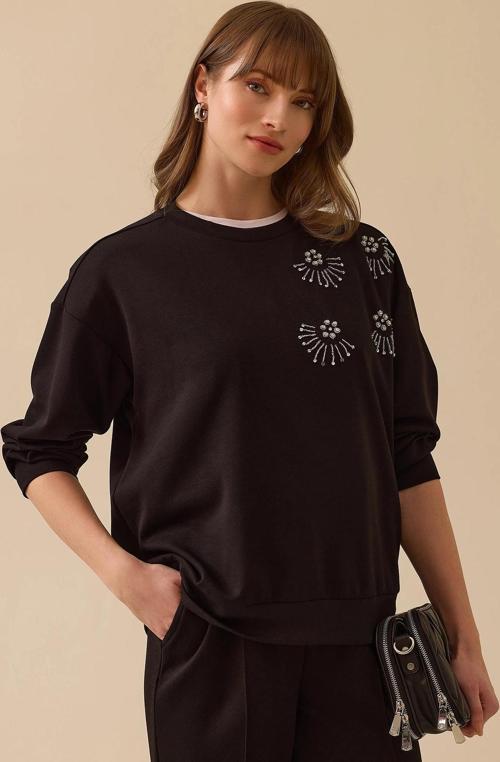 Kadın Yuvarlak Yaka Taş İşlemeli Sweatshirt 0001 Siyah