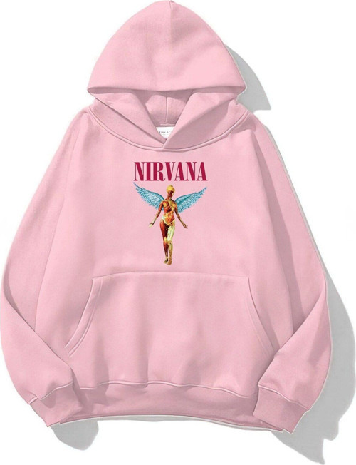Kapüşonlu Içi Polar Nirvana Angel Baskılı Pembe Unisex Hoodie Sweatshirt