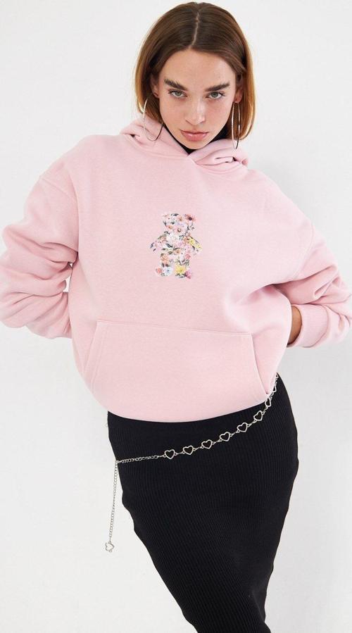 Kapüşonlu Içi Polar Çiçekli Teddy Bear Baskılı Pembe Unisex Hoodie Sweatshirt
