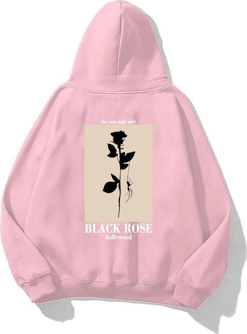 Kapüşonlu Içi Polar Black Rose Baskılı Pembe Unisex Hoodie Sweatshirt