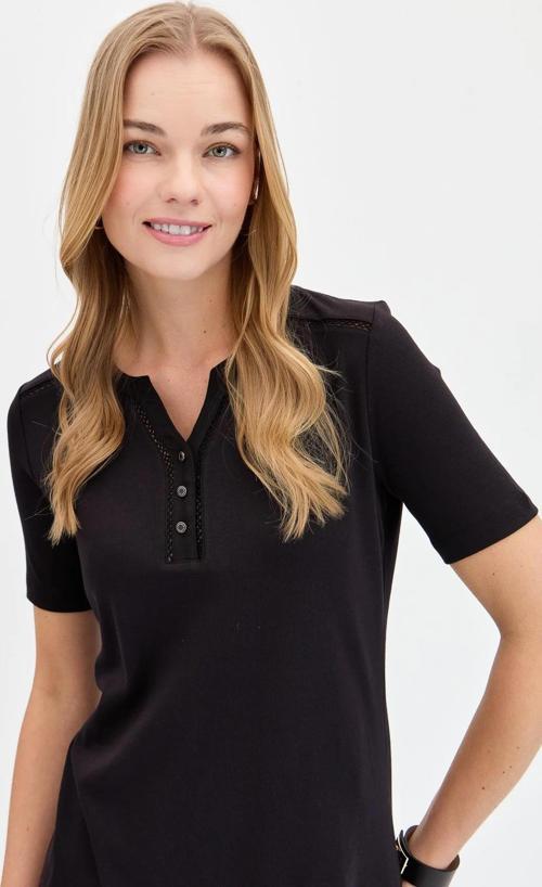 Kadın Omzu ve Yaka Kenarı İşlemeli Pamuklu T-Shirt KMY24004 Siyah