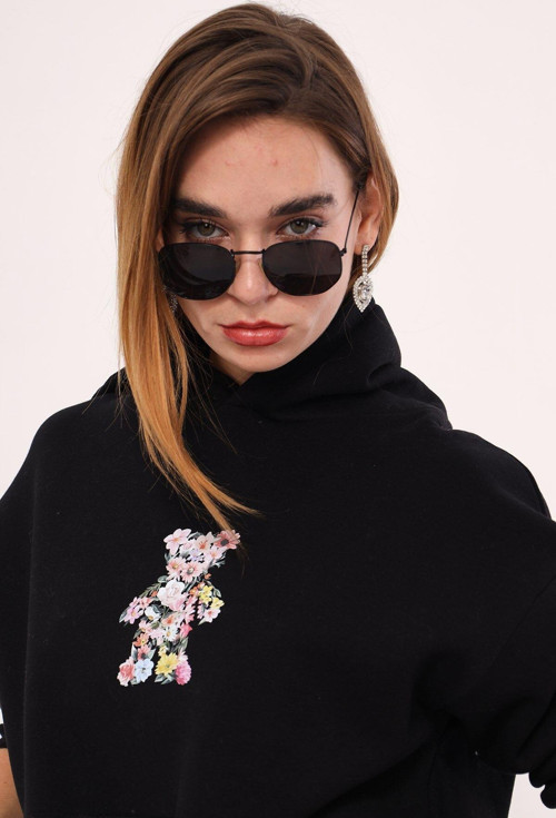 Kapüşonlu Içi Polar Çiçekli Teddy Bear Baskılı Siyah Unisex Hoodie Sweatshirt