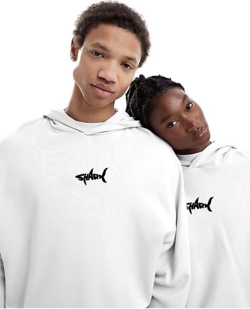 Kapüşonlu Içi Polar Shark Baskılı Beyaz Oversize Hoodie Sweatshirt