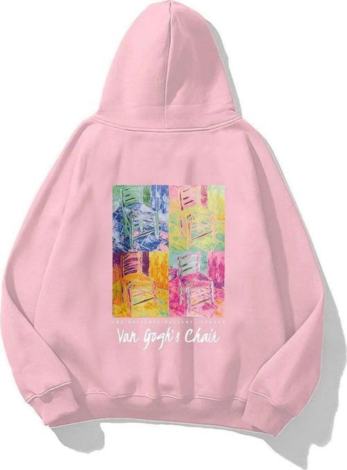 Kapüşonlu Içi Polar Van Gogh'S Chair Baskılı Pembe Unisex Hoodie Sweatshirt