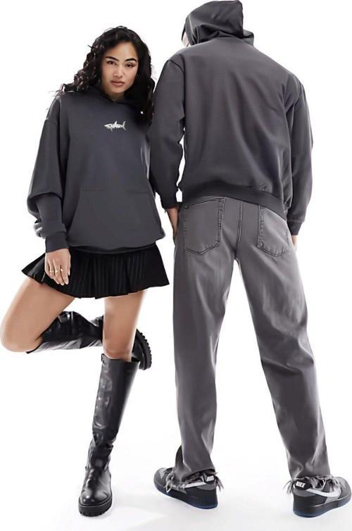 Kapüşonlu Içi Polar Shark Baskılı Füme Oversize Hoodie Sweatshirt