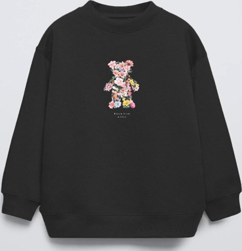 Siyah Çocuk Çiçekli Ayıcık Baskılı Bisiklet Yaka Oversize Sweatshirt