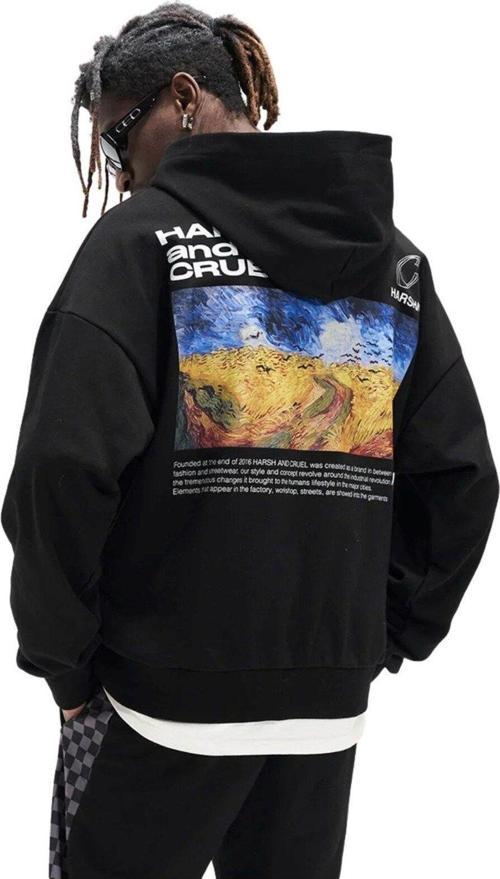 Kapüşonlu Içi Polar Van Gogh Oil Baskılı Siyah Unisex Hoodie Sweatshirt