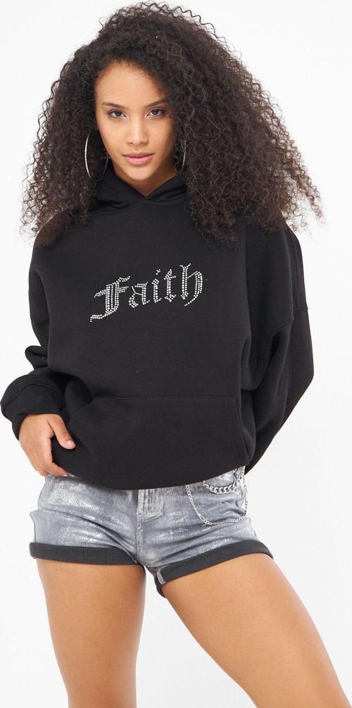 Faith Yazılı Taş Baskılı Kapüşonlu İçi Polar Oversize Siyah Sweatshirt