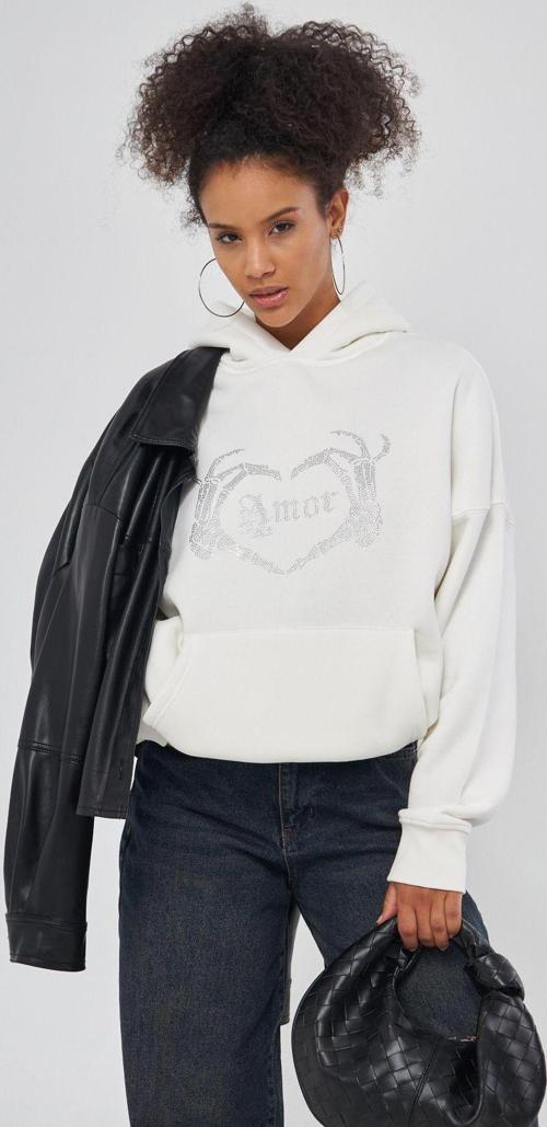 Amor Yazılı Taş Baskılı Kapüşonlu İçi Polar Oversize Beyaz Sweatshirt