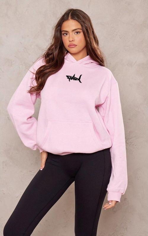 Kapüşonlu Içi Polar Shark Baskılı Pembe Oversize Hoodie Sweatshirt