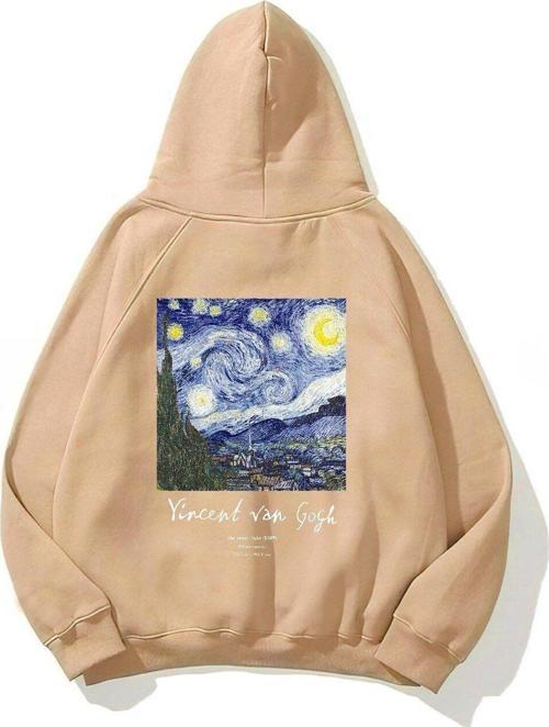 Kapüşonlu Içi Polar Vincent Van Gogh Baskılı Bej Unisex Hoodie Sweatshirt