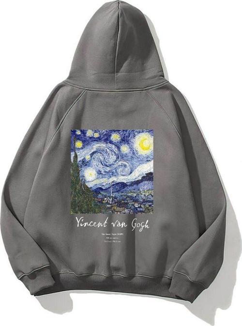 Kapüşonlu Içi Polar Vincent Van Gogh Baskılı Füme Unisex Hoodie Sweatshirt